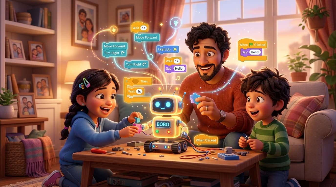 Familia aprendiendo a programar con bloques y juegos de mesa